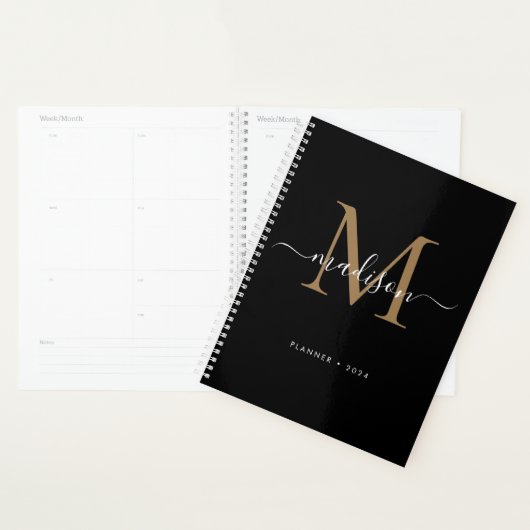 Monogramme moderne Black Gold Girly Nom du script  (Devant avec enveloppe)