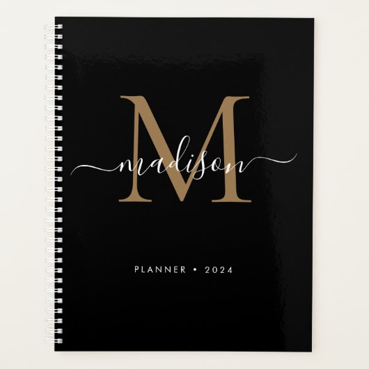 Monogramme moderne Black Gold Girly Nom du script  (Devant)