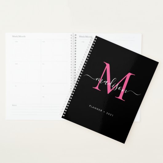 Monogramme moderne Black Hot Rose Girly Script 202 (Devant avec enveloppe)