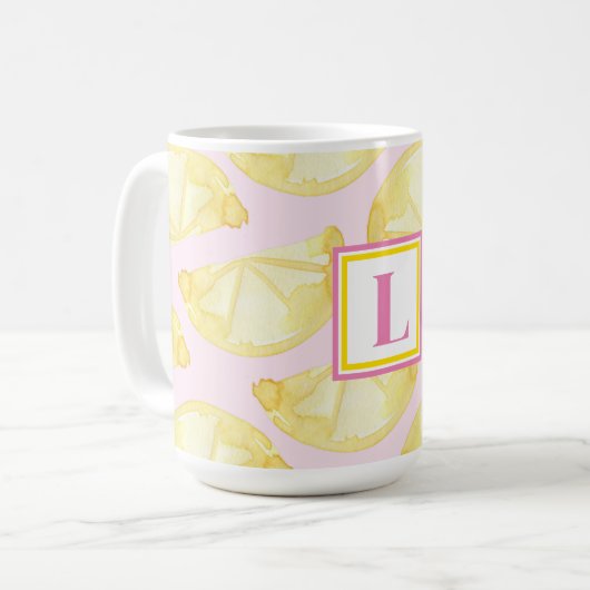 Monogramme moderne Citron jaune rose Imprimer Mug  (Devant gauche)