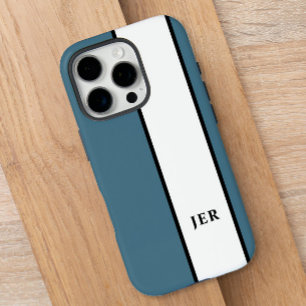 Monogramme moderne Coque Blue Stripe iPhone 16