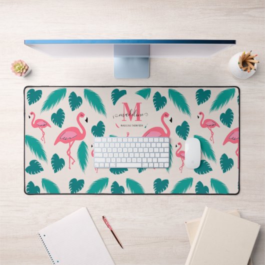 Monogramme moderne Feuilles tropicaux Flamant rose (Bureau 1)