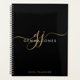 Monogramme moderne Gold Script Initiales Nom Noir
