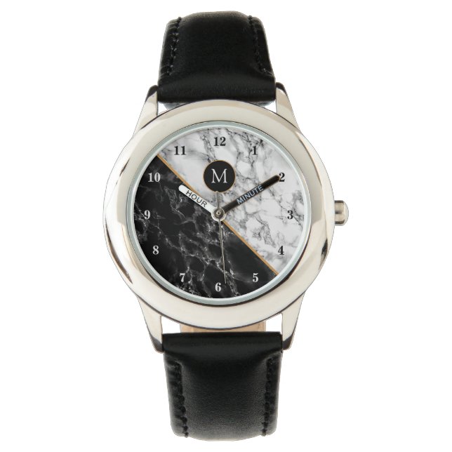 Monogramme moderne Montre noir Marbre blanc (devant)