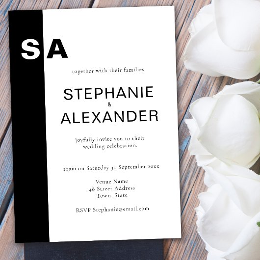 Monogramme moderne Noir Blanc Mariage Invitation