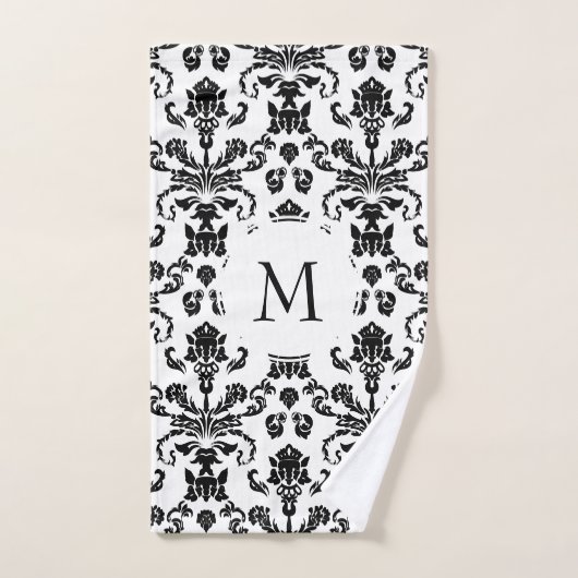 Monogramme moderne noir Damas (Serviette à main)