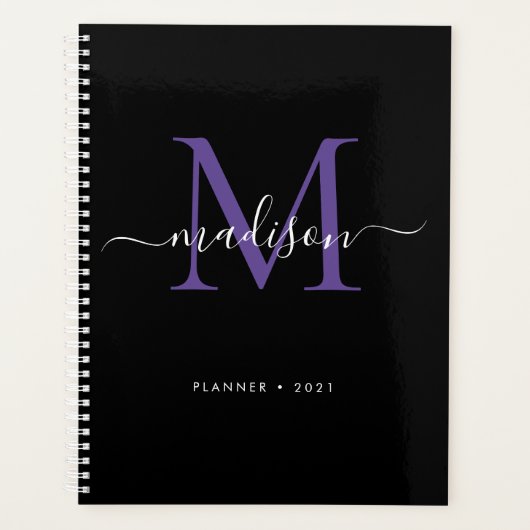 Monogramme moderne Noir Violet Girly Script 2021 (Devant)