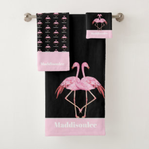 Monogramme moderne Nom Flamant rose rose noir Towe