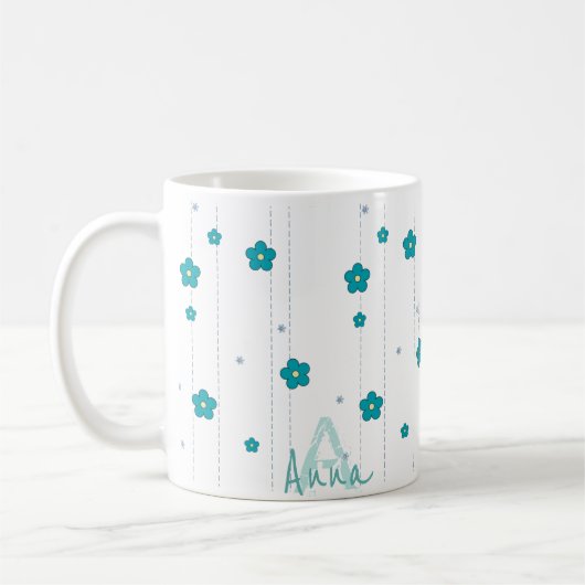 Monogramme moderne Nom Fleur bleue Design Café Mug (Gauche)
