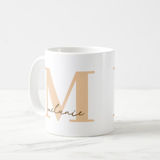 Monogramme moderne Nom Pêche cadeau café blanc Mug (Devant gauche)