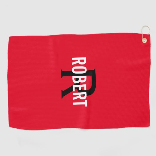 Monogramme moderne rouge noir nom serviette de gol (Horizontal)