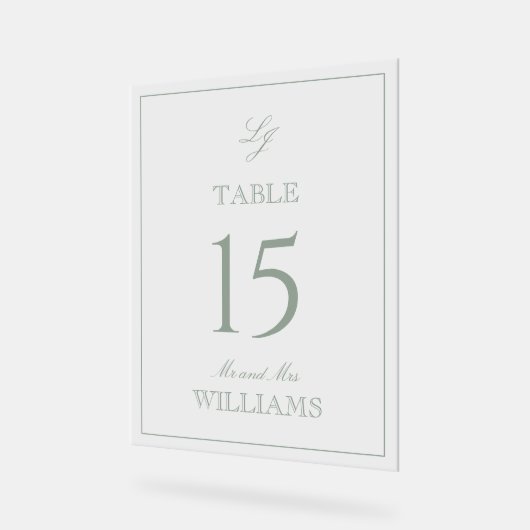 Monogramme moderne Sage Mariage vert Numéro de tab (Angle)