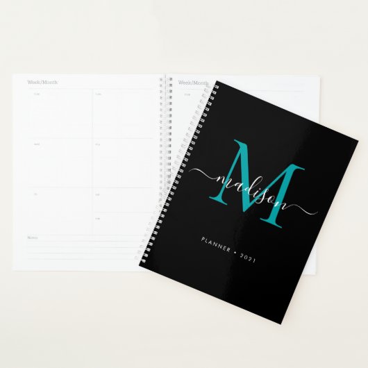 Monogramme moderne Turquoise noir vert Girly Scrip (Devant avec enveloppe)