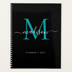 Monogramme moderne Turquoise noir vert Girly Scrip
