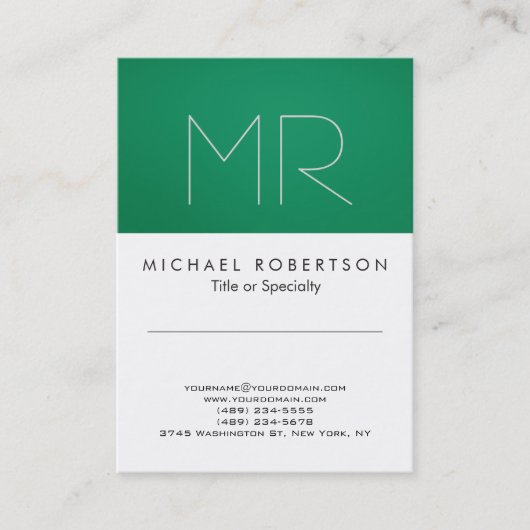 Monogramme moderne vert blanc Carte de visite prop (Devant)
