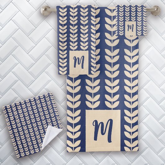 Monogramme Motif de feuille de crème bleue