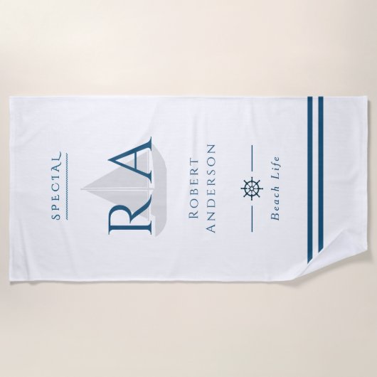 Monogramme nautique Serviette de plage blanche (Devant)