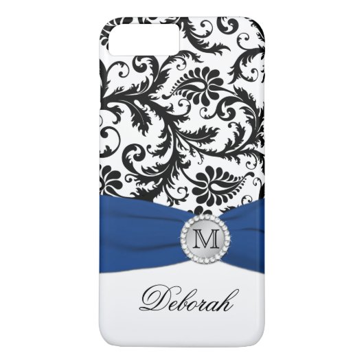 Monogramme noir, blanc, bleu Damask iPhone 7 Coque (Dos)