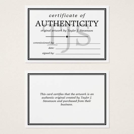 Monogramme noir blanc Certificat d'authenticité (Devant & derrière)