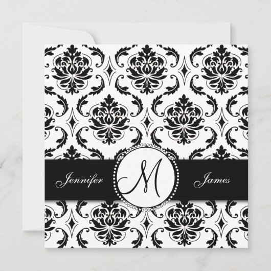 Monogramme noir blanc Damas Faire-part de mariage (Devant)