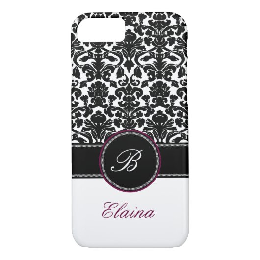 Monogramme Noir, Blanc, Plum Damask iPhone 7 Coque (Dos)