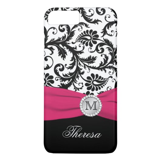 Monogramme noir, blanc, rose Damask iPhone 7 Coque (Dos)
