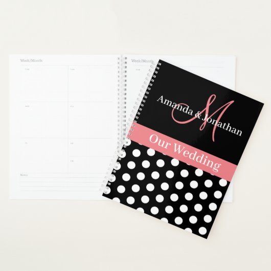 Monogramme noir blanc rose Mariage de point Polka (Devant avec enveloppe)