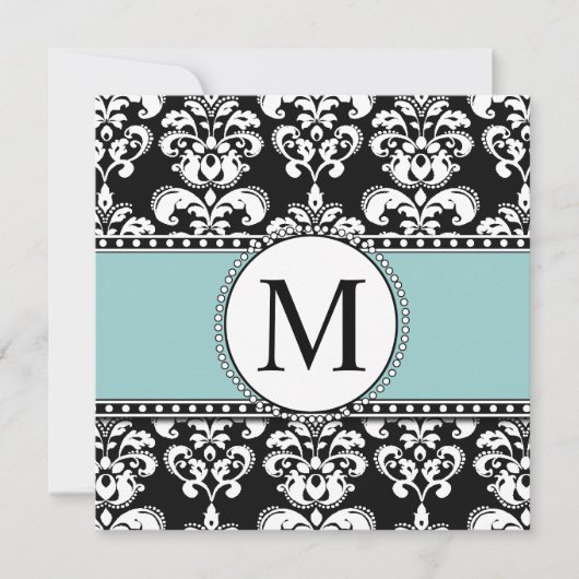 Monogramme noir Damas Invitations de mariage bleu (Devant)