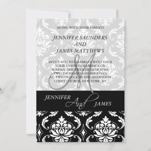 Monogramme noir Damas Noms des invitations de mari (Devant)