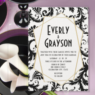 Monogramme Noir Damas rose et invitation de mariag