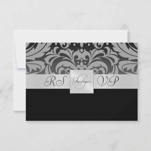 Monogramme noir Demi Damas RSVP Réponse Invitation (Devant)