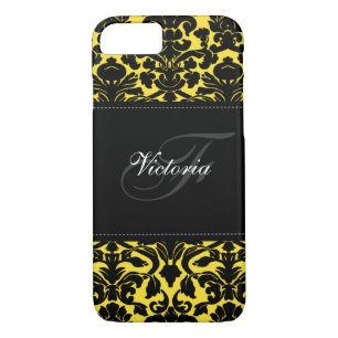 Monogramme noir et jaune Damask iPhone 7 Coque