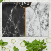 Monogramme noir et Marbre blanc serviette de cuisi (Plié)