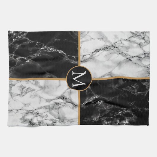 Monogramme noir et Marbre blanc serviette de cuisi (Horizontal)