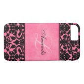 Monogramme noir et rose Damask iPhone 7 Coque (Dos (Horizontal))