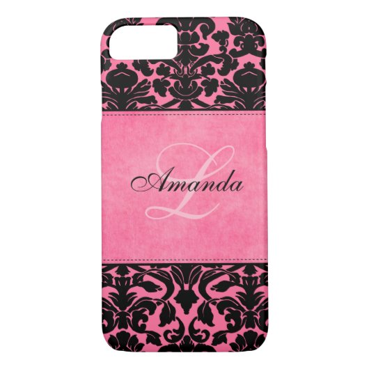 Monogramme noir et rose Damask iPhone 7 Coque (Dos)