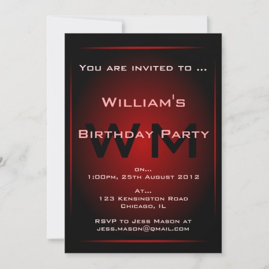 Monogramme noir et rouge brillant Invitation scien (Devant)