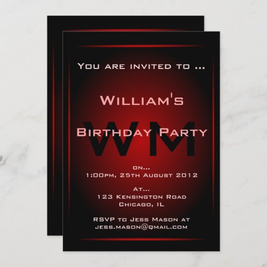 Monogramme noir et rouge brillant Invitation scien (Devant / Derrière)
