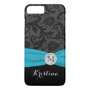 Monogramme noir, gris, bleu Damas iPhone 7 Coque