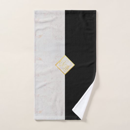 Monogramme Noir Marbre Blanc Or Élégant Script (Serviette à main)