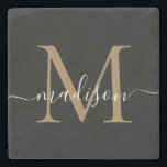 Monogramme noir or moderne Nom du script féminin<br><div class="desc">Élégant or noir Monogramme Feminine Script Nom Dessous de verre de pierre</div>