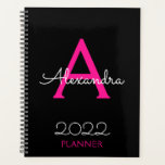 Monogramme noir rose chaud 2022 élégant<br><div class="desc">2022 Hot rose and Black Monogram Nom et Initiale Spiral Carnet Planner. Cela rend le cadeau parfait pour 16 ans,  mariage,  douche nuptiale,  anniversaire,  baby shower ou bachelorette pour quelqu'un qui aime le luxe glam et les styles chic.</div>