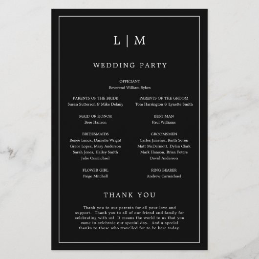 Monogramme noir simple Élégant programme de mariag (Dos)