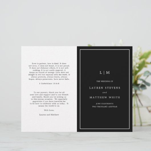 Monogramme noir simple Élégant programme de mariag (Debout devant)