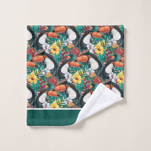 Monogramme noir vert Toucan Tropical Flower (Gant de toilette)