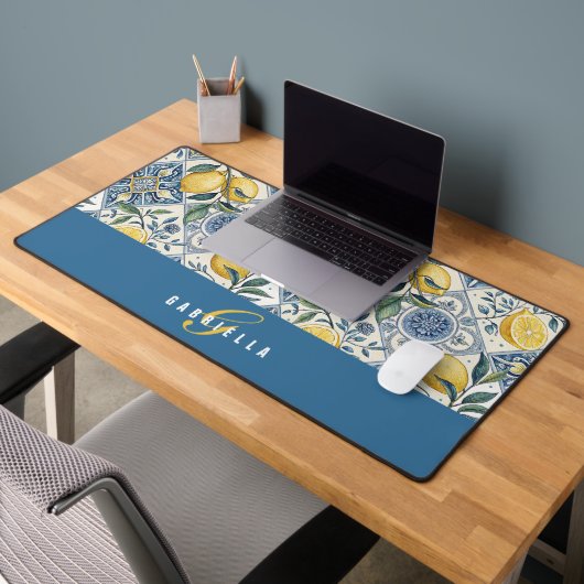 Monogramme Nom Aquarelle Citron Jaune Bleu (Bureau 2)