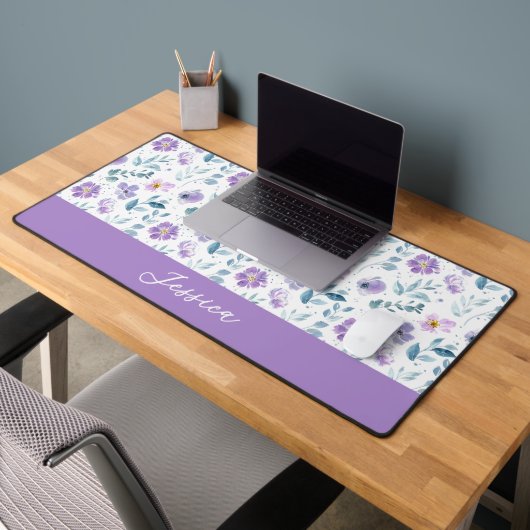 Monogramme Nom Fleur Sauvage Aquarelle Vert Violet (Bureau 2)