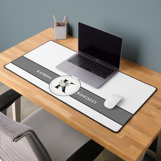 Monogramme & nom floral blanc élégant sur fond bla (Bureau 2)
