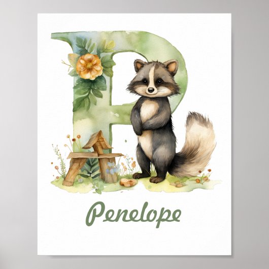 Monogramme Nom Nursery Poster Woodland Lettre P (Devant)