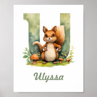 Monogramme Nom Nursery Poster Woodland Lettre U